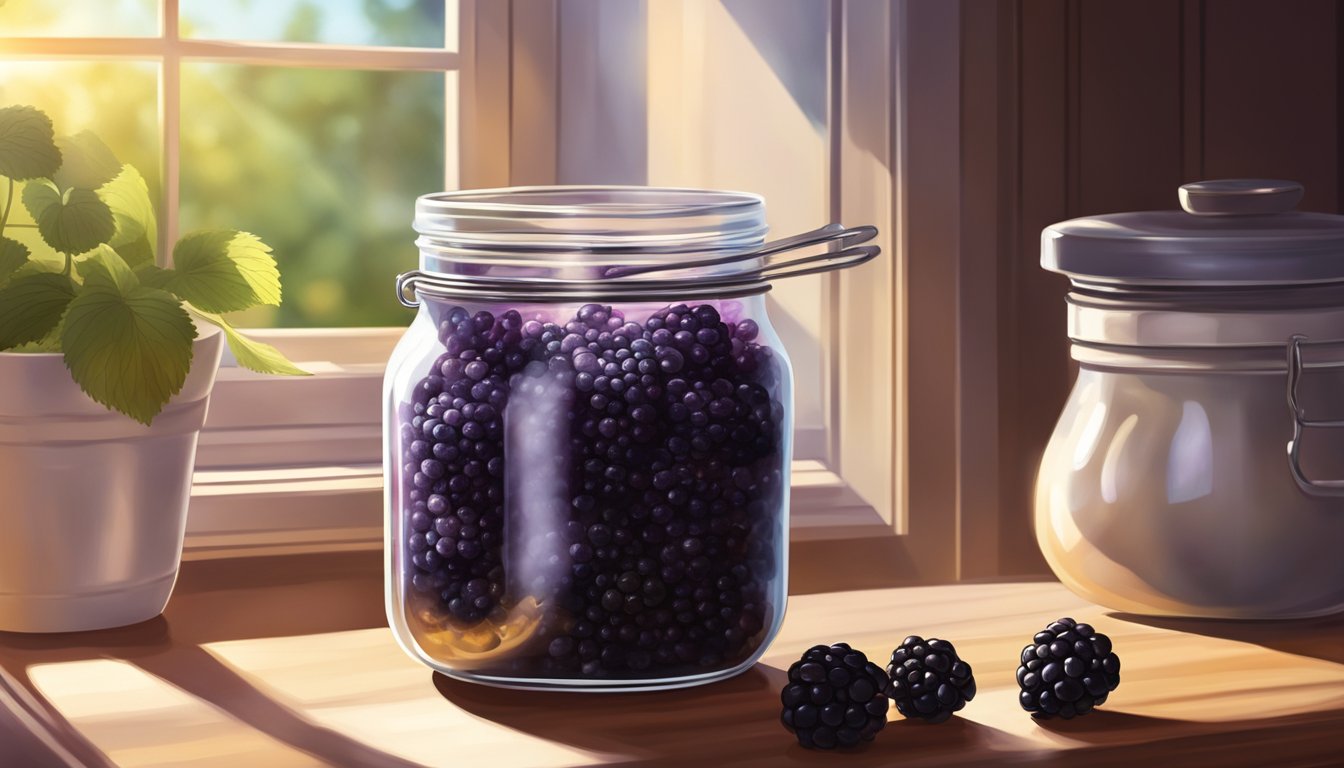 A jar of blackberry powder sits on a kitchen shelf, next to a measuring spoon and a bowl of fresh blackberries. Sunlight streams through the window, casting a warm glow on the scene