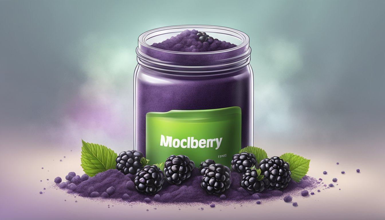 A pile of moldy blackberry powder spills out of an open container, surrounded by a foul odor and discolored packaging