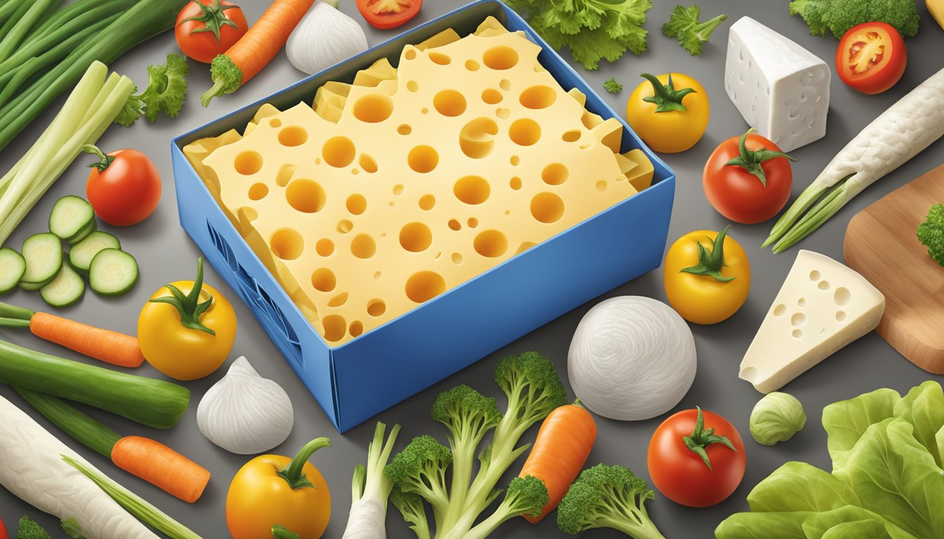 A colorful packaging of Birds Eye Voila Three Cheese Chicken surrounded by fresh vegetables and a recycling symbol