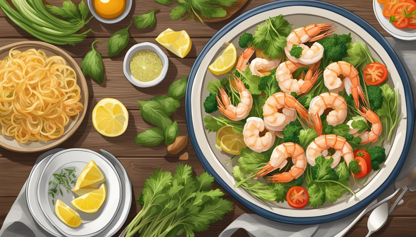 A steaming plate of Birds Eye Voila Shrimp Scampi sits on a rustic wooden table, surrounded by colorful vegetables and herbs