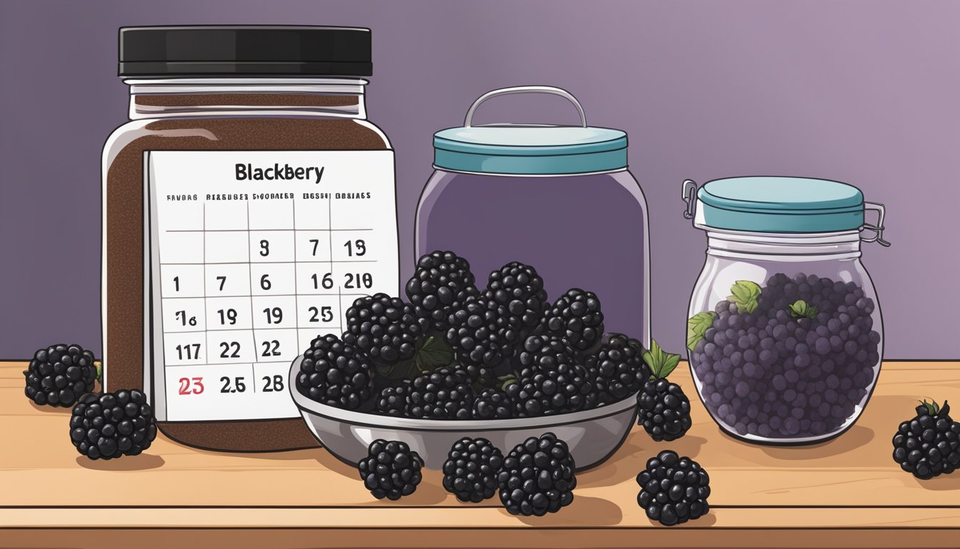 A jar of blackberry powder sits on a shelf, surrounded by fresh blackberries and a calendar showing the current date