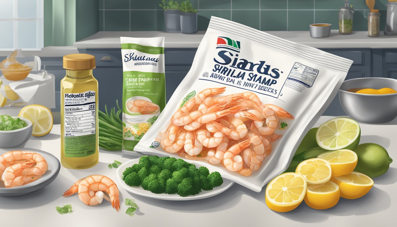 A bag of Birds Eye Voila Shrimp Scampi sits on a kitchen counter, surrounded by scattered ingredients and a nutrition label