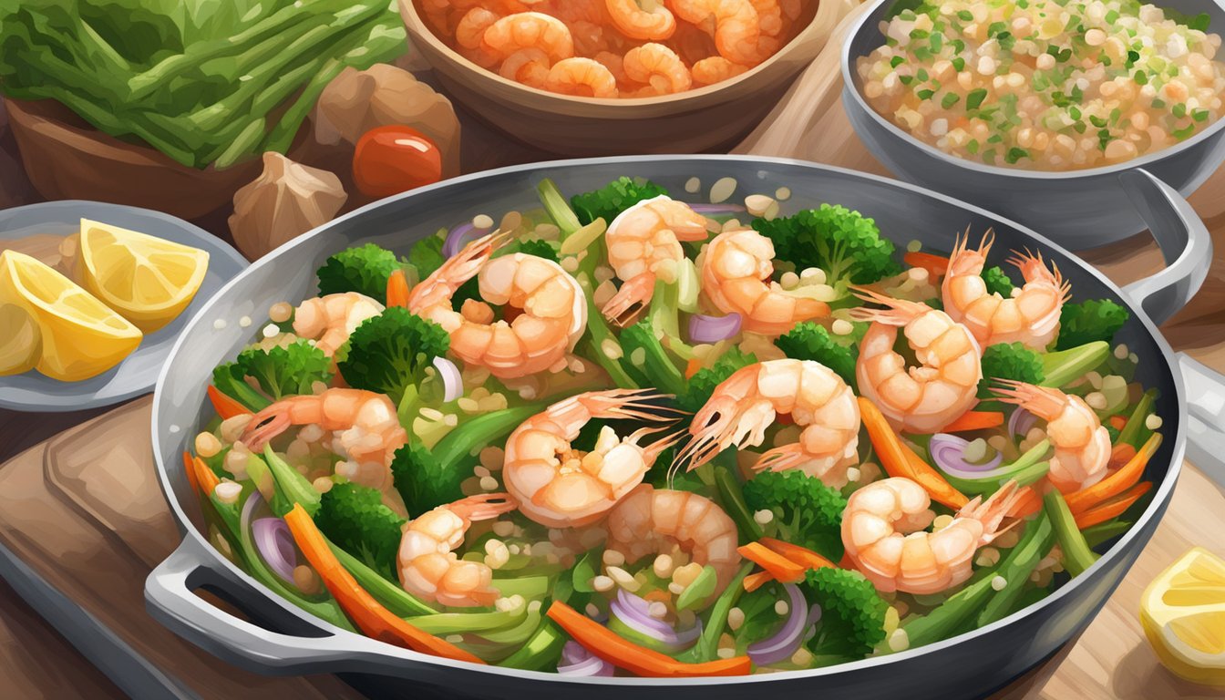 A steaming skillet of Birds Eye Voila Shrimp Scampi sizzling with garlic, butter, and succulent shrimp, surrounded by vibrant vegetables