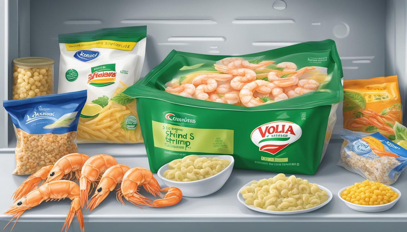 A bag of Birds Eye Voila Shrimp Scampi sits in a freezer, surrounded by other frozen food items