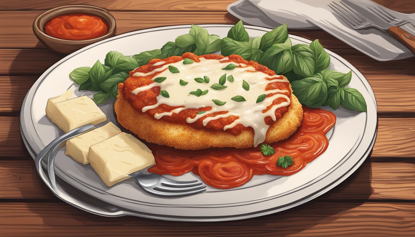 A plate of Boston Market chicken parmesan sits on a rustic wooden table, surrounded by vibrant tomato sauce and melted mozzarella cheese