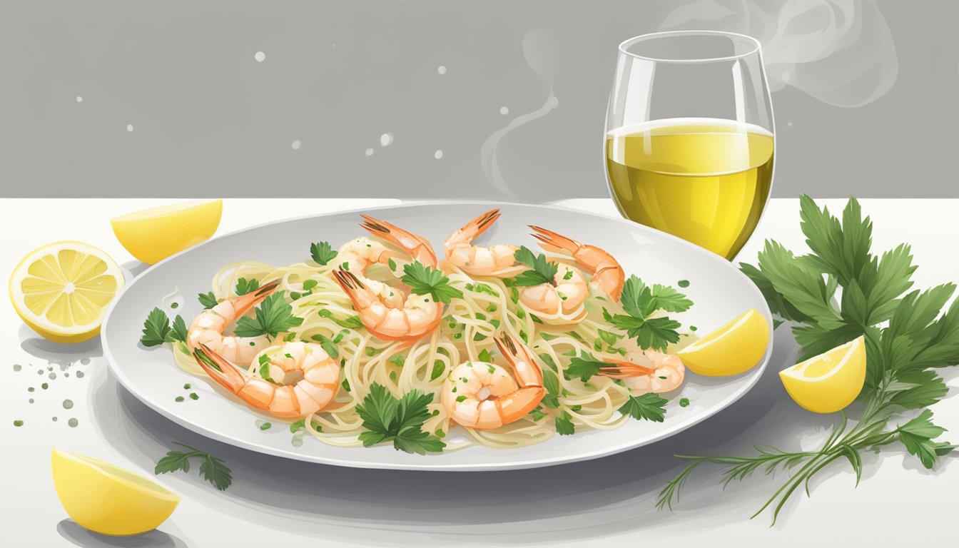 A steaming plate of shrimp scampi surrounded by fresh herbs and lemon slices, with a glass of white wine on the side