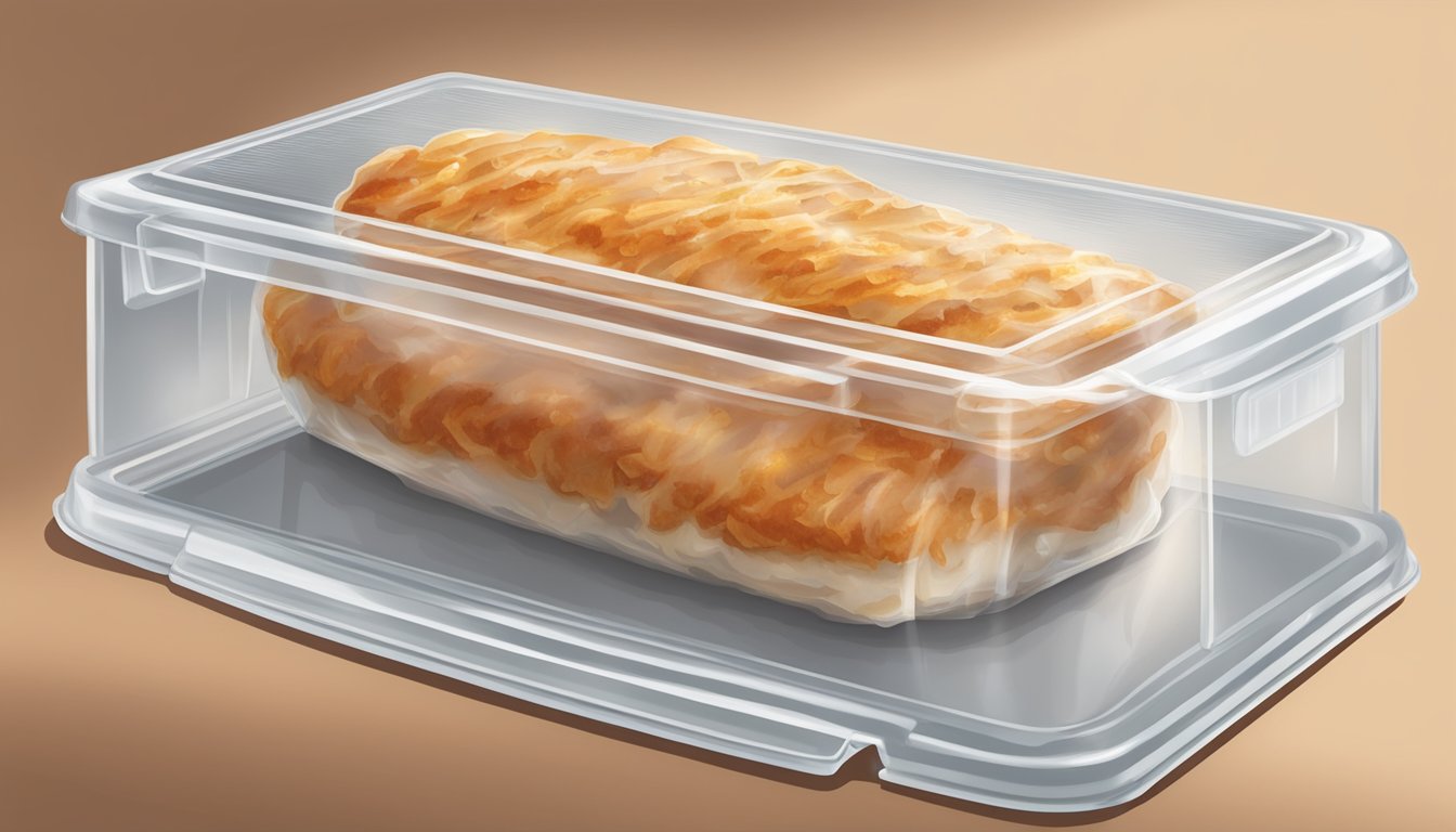 A plate of Boston Market chicken parmesan is wrapped in plastic wrap, placed in a refrigerator