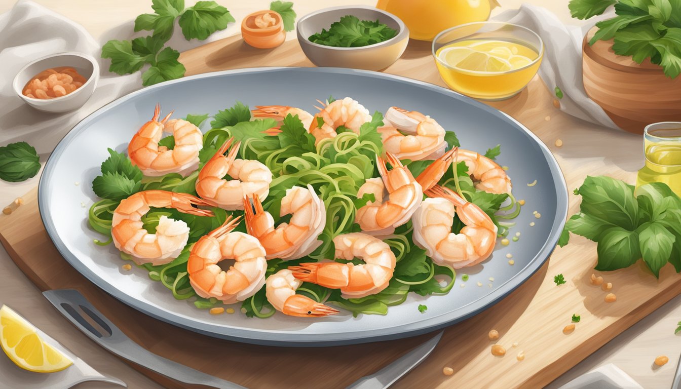 A steaming plate of Birds Eye Voila Shrimp Scampi sits on a kitchen counter, surrounded by fresh ingredients and a timer set for dinner