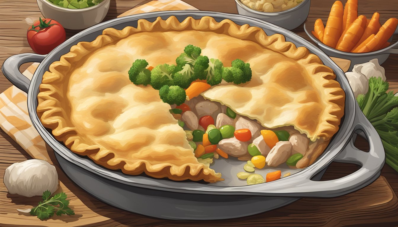 A steaming Boston Market chicken pot pie sits on a rustic wooden table, surrounded by a flaky golden crust and filled with chunks of tender chicken and colorful vegetables