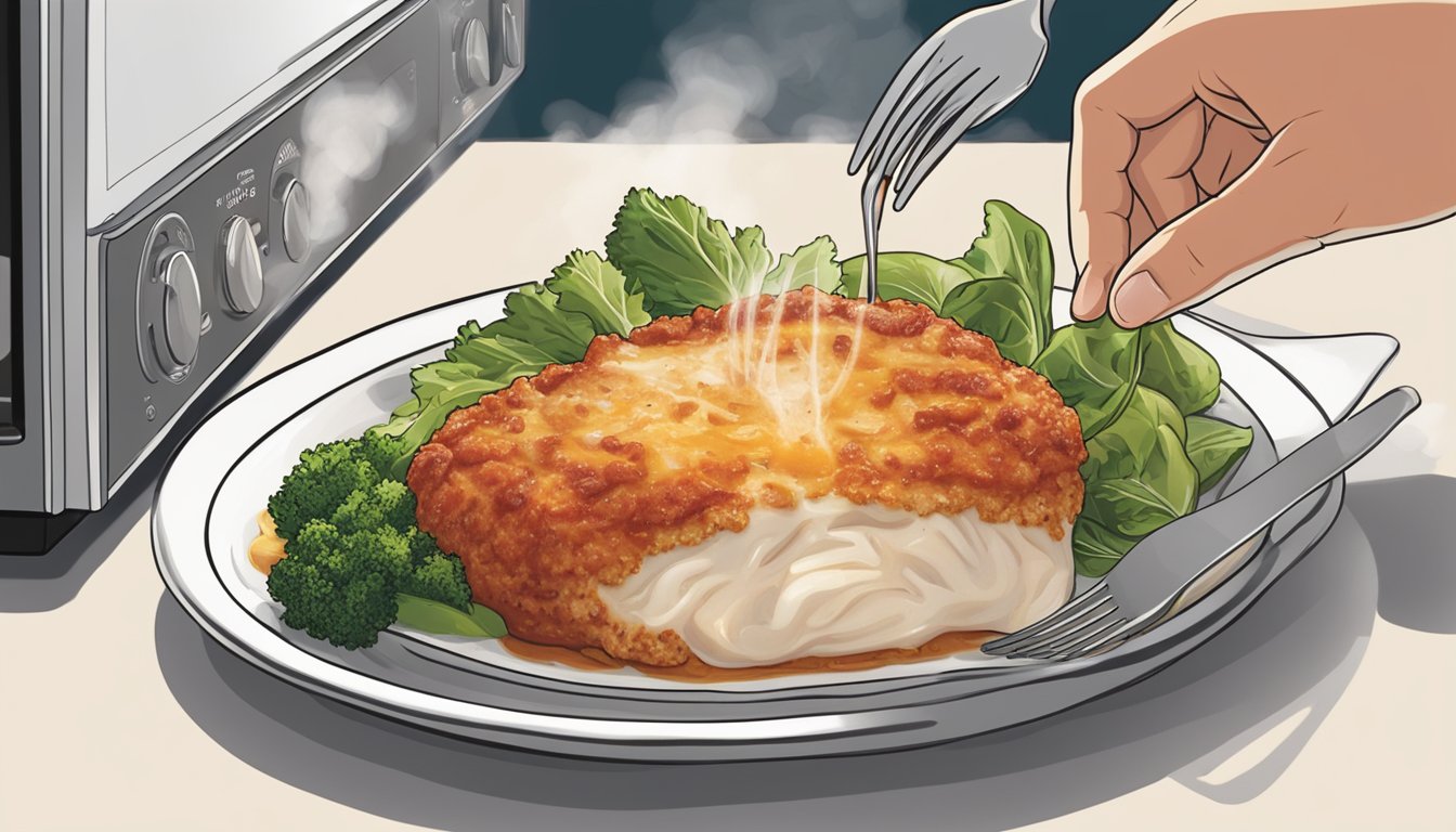 A plate of Boston Market chicken parmesan sits in the microwave, steam rising as it reheats. A person's hand reaches for a fork to enjoy the meal