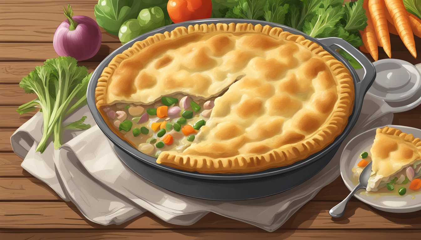 A steaming Boston Market chicken pot pie on a rustic wooden table, surrounded by fresh vegetables and a golden-brown crust