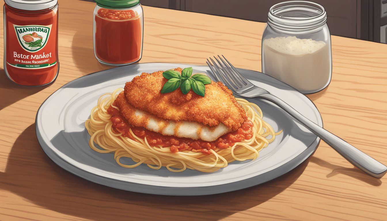 A plate of Boston Market chicken parmesan sits on a kitchen table, surrounded by a jar of marinara sauce and a sprinkle of grated cheese