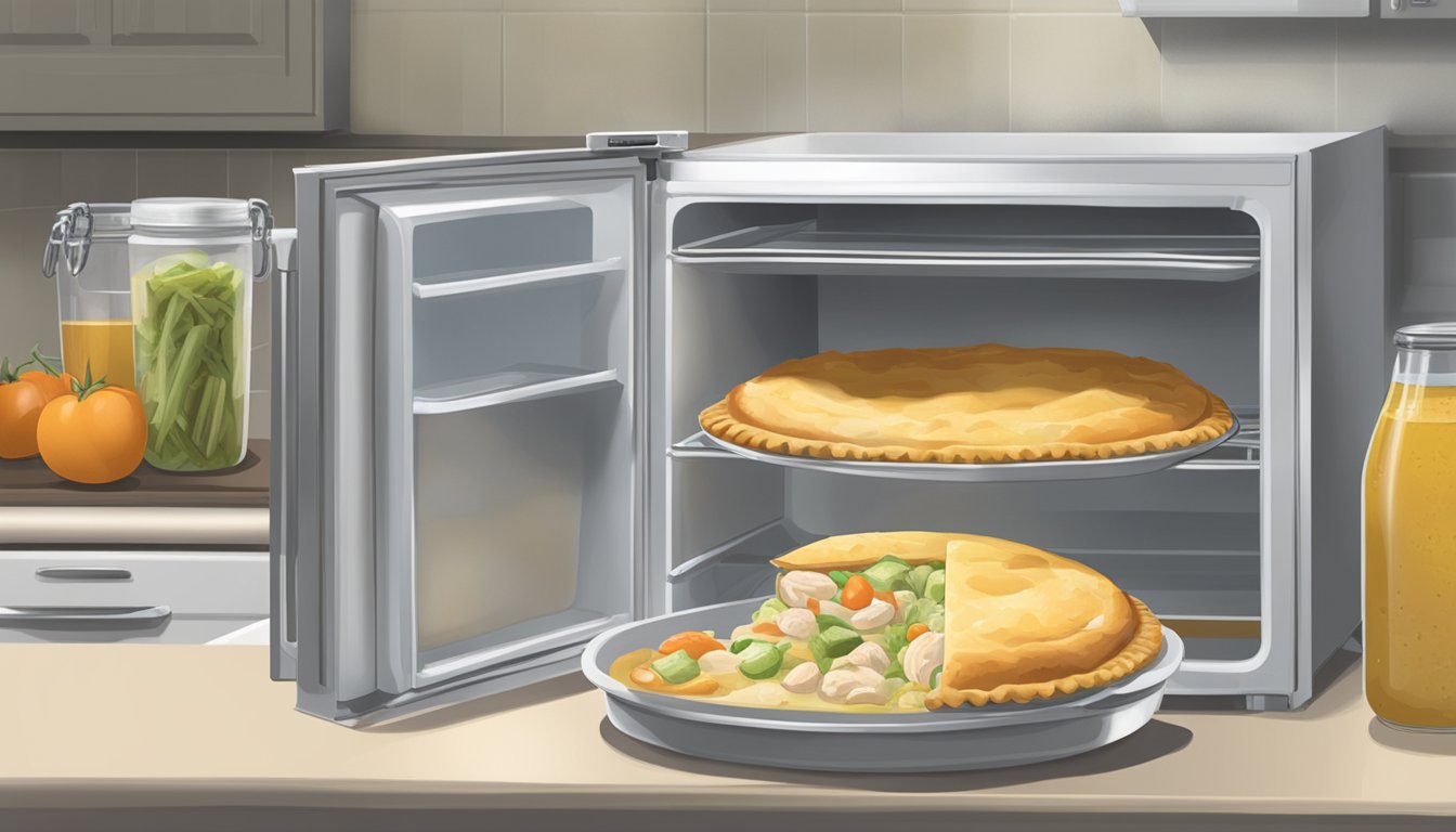 A chicken pot pie sits on a kitchen counter next to a sealed container. A refrigerator and "use by" date are visible in the background