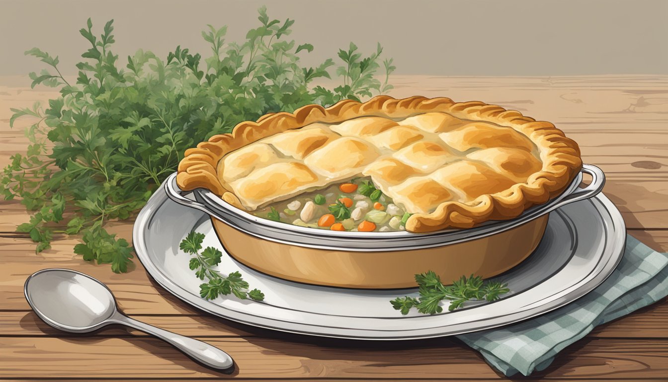 A steaming Boston Market chicken pot pie sits on a rustic wooden table, surrounded by a scattering of fresh herbs and a vintage serving dish