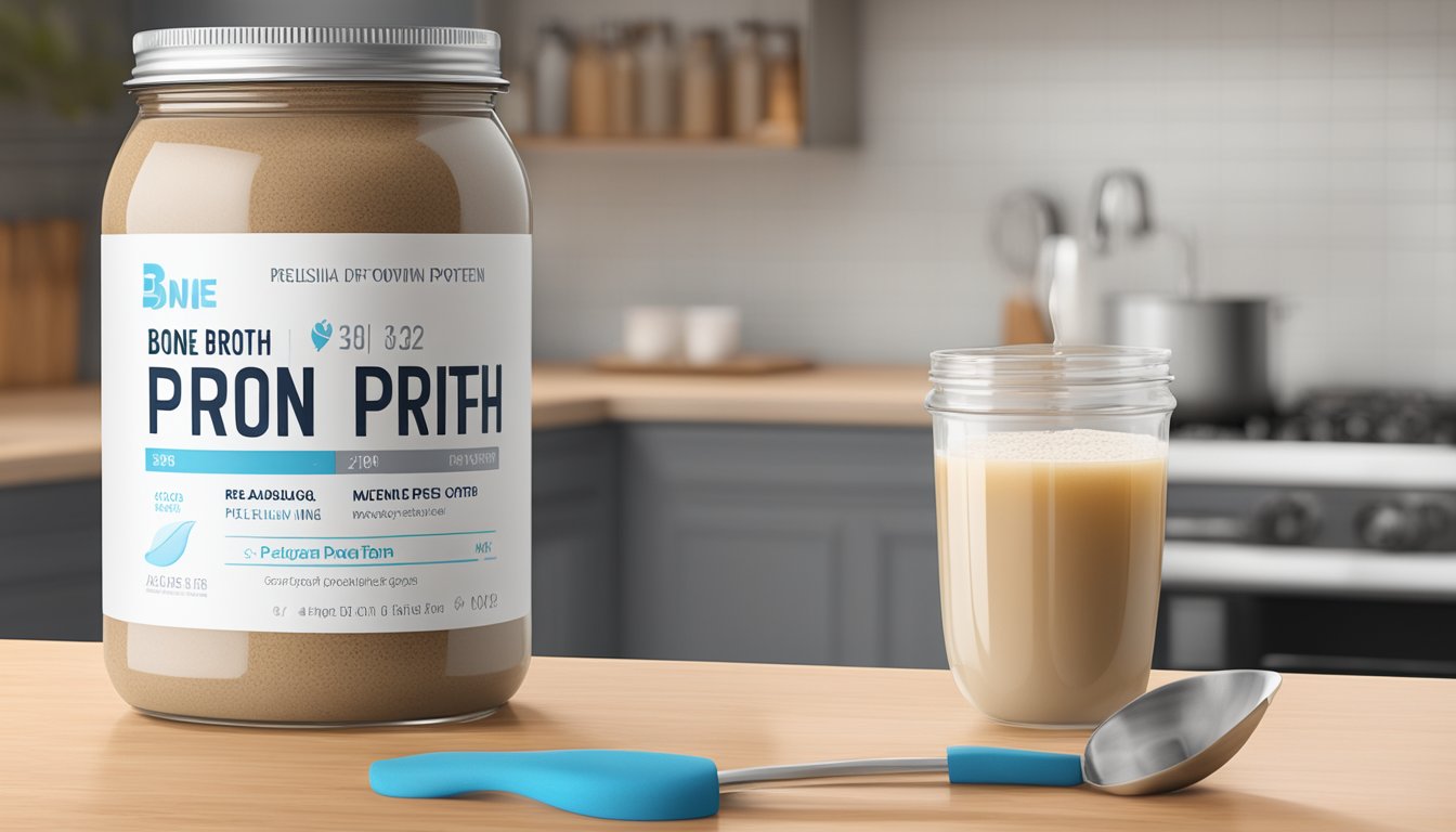 A jar of bone broth protein powder sits on a kitchen counter, next to a scoop and a glass of water. The jar is labeled with the expiration date