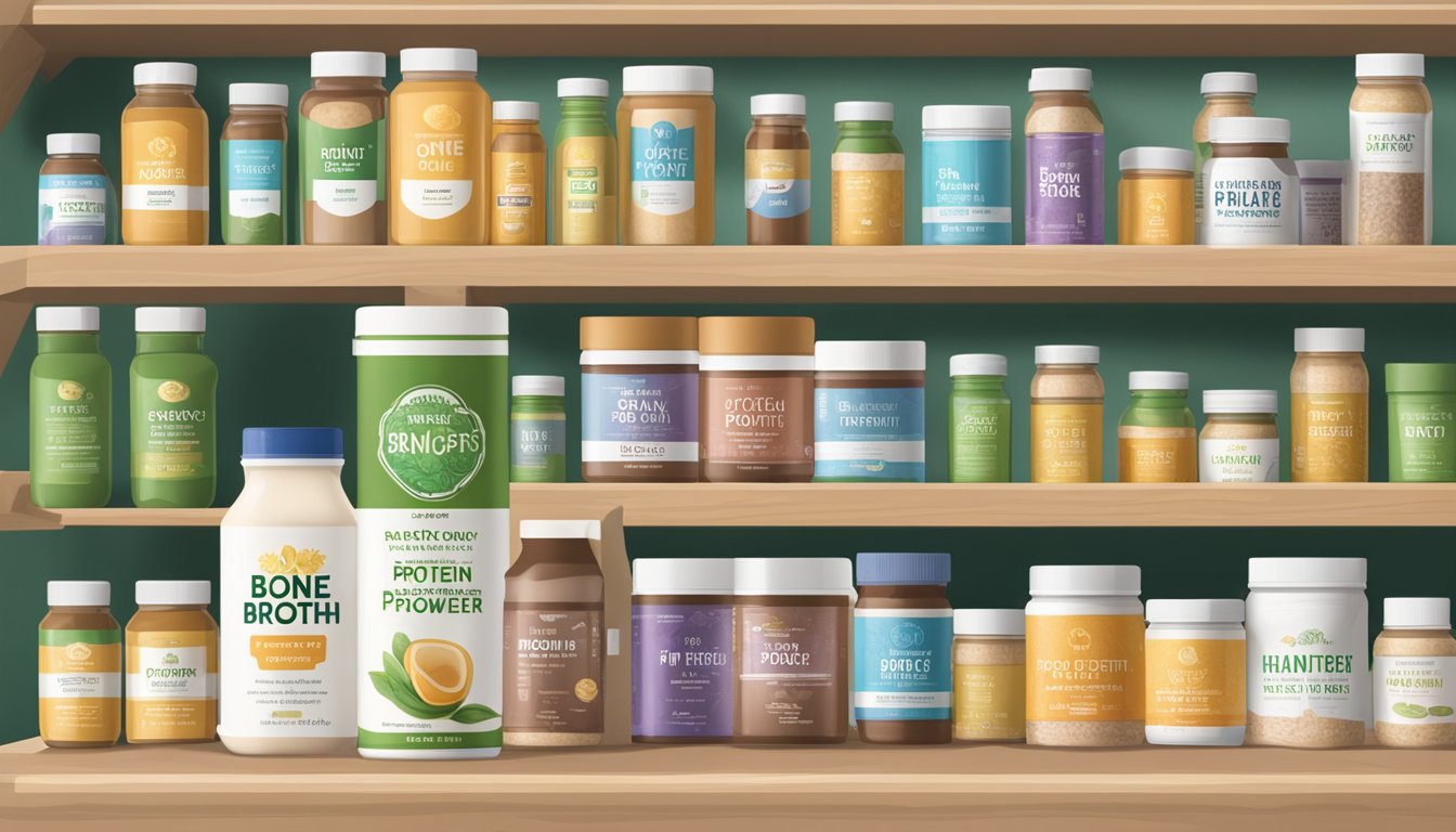 A sealed container of bone broth protein powder sits on a pantry shelf, surrounded by other health supplements