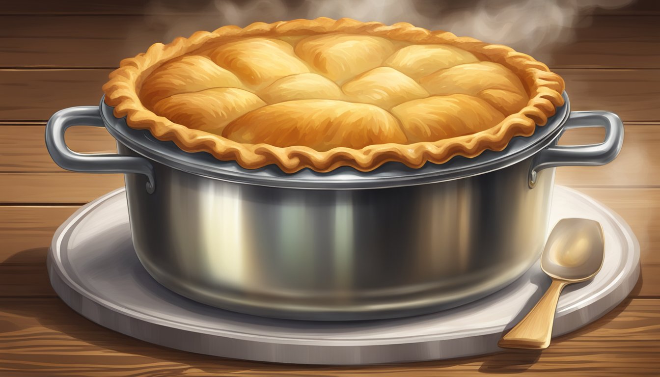 A steaming Boston Market chicken pot pie sits on a rustic wooden table, golden crust glistening with steam rising from the savory filling