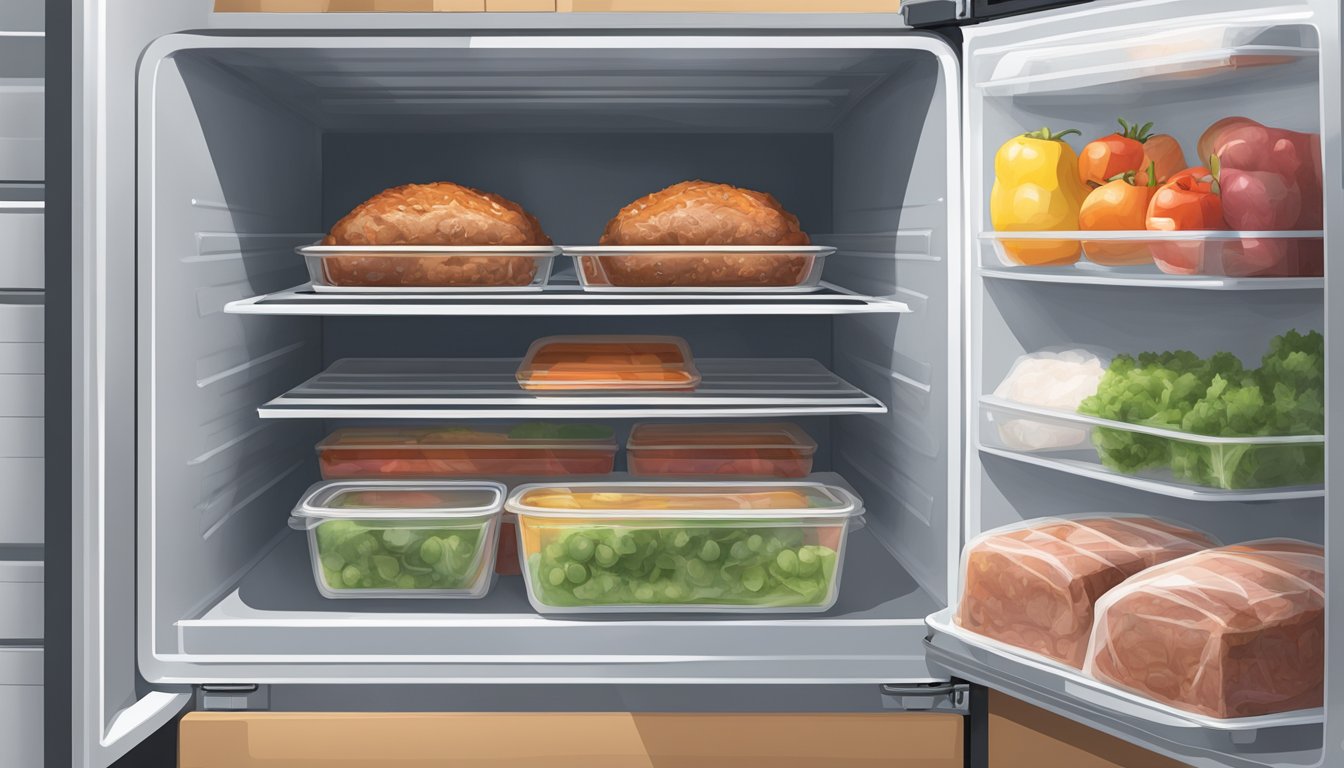 A meatloaf sits on a shelf in a refrigerator, wrapped in plastic wrap and stored in an airtight container. The refrigerator door is closed, and the temperature is set to 40°F