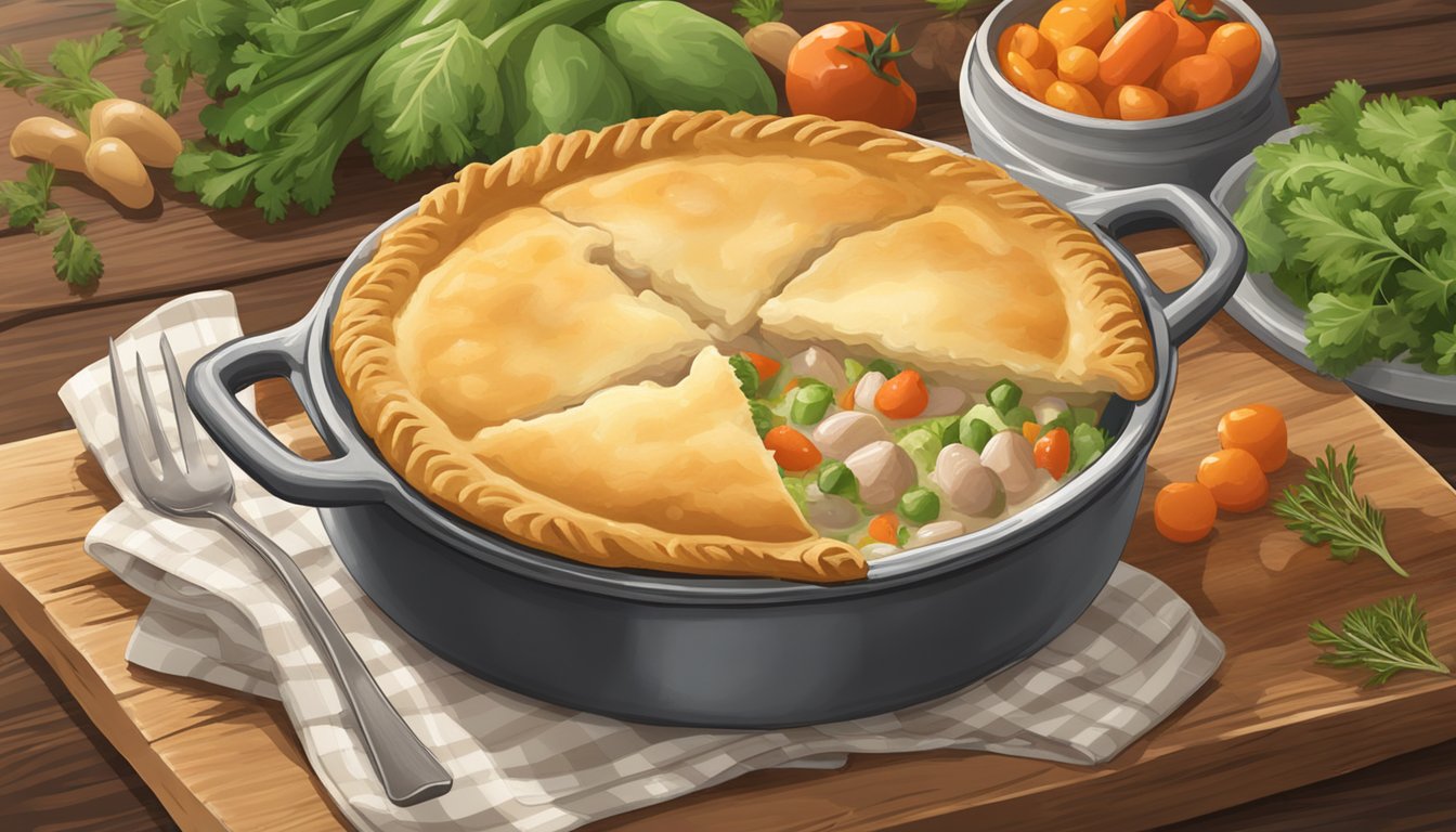 A steaming Boston Market chicken pot pie sits on a rustic wooden table, surrounded by fresh vegetables and herbs