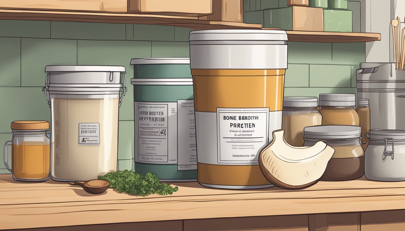 A container of bone broth protein powder sits on a kitchen shelf, with a label indicating the expiration date. The powder is surrounded by various cooking ingredients and utensils