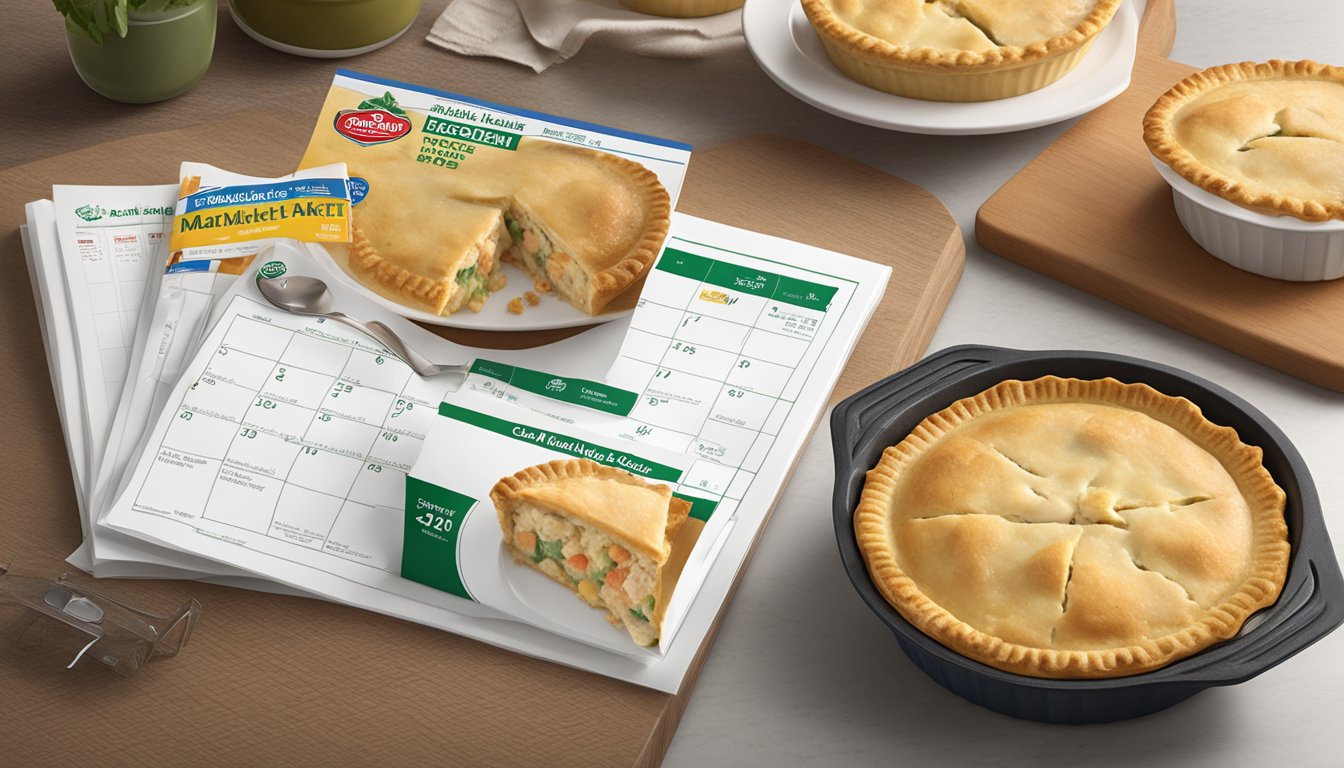 A Boston Market chicken pot pie sits on a kitchen counter, next to its packaging and a calendar showing the current date