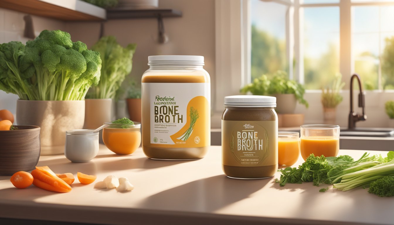 A jar of bone broth protein powder sits on a kitchen counter, surrounded by fresh vegetables and herbs. The sunlight streams in through the window, casting a warm glow on the scene