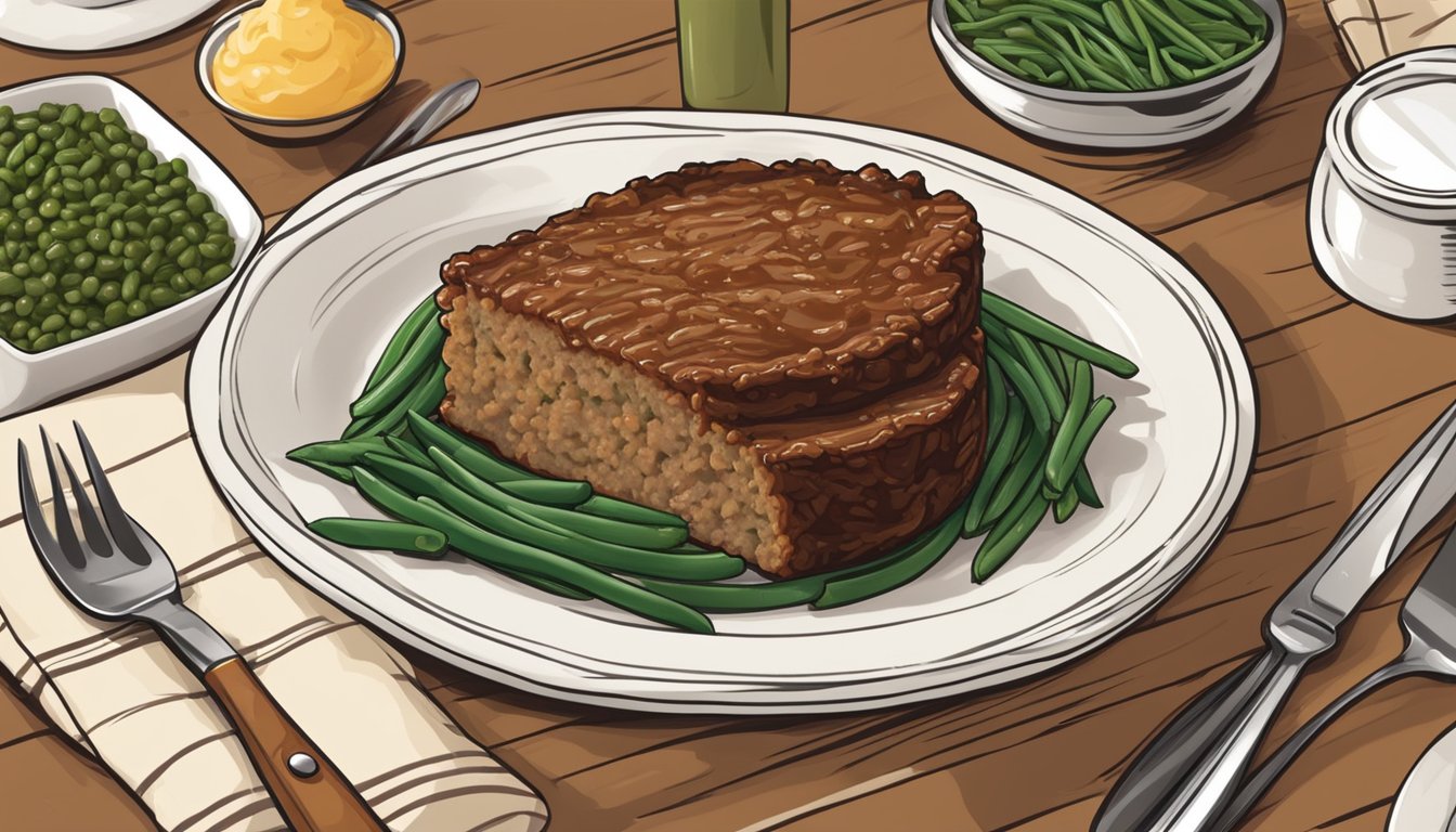 A Boston Market meatloaf sitting on a white plate with a side of mashed potatoes and green beans, surrounded by a warm and inviting atmosphere