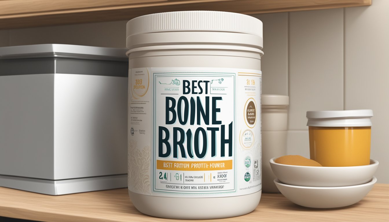 A sealed container of bone broth protein powder on a shelf, with a "best by" date clearly visible