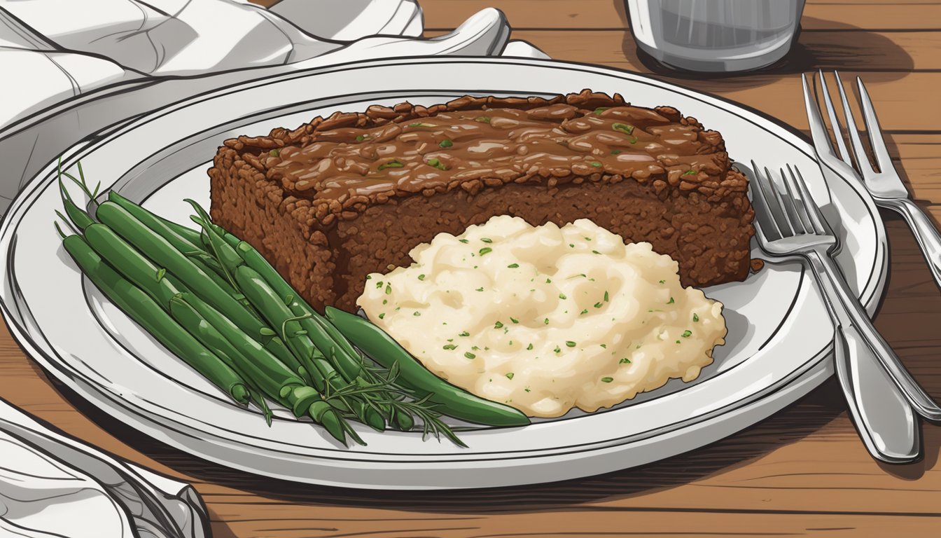 A plated slice of Boston Market meatloaf with a side of mashed potatoes and green beans, set on a simple white dish on a wooden table