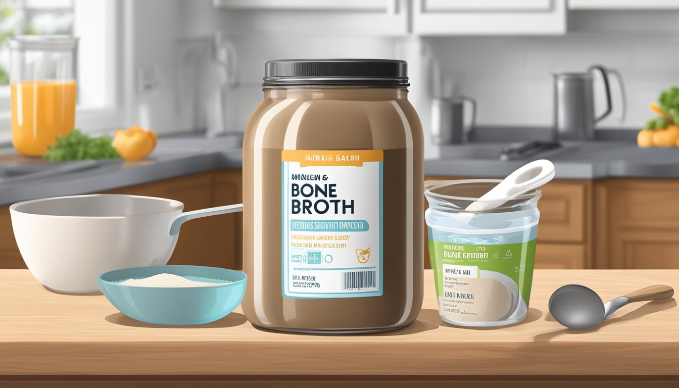 A jar of bone broth protein powder sits on a kitchen counter, next to a measuring scoop and a glass of water. The label on the jar indicates the expiration date