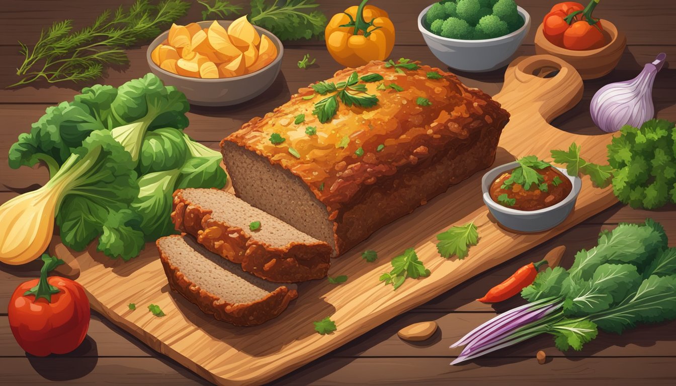 A freshly baked meatloaf sits on a rustic wooden cutting board, surrounded by colorful vegetables and herbs. The golden crust glistens under the warm kitchen lights