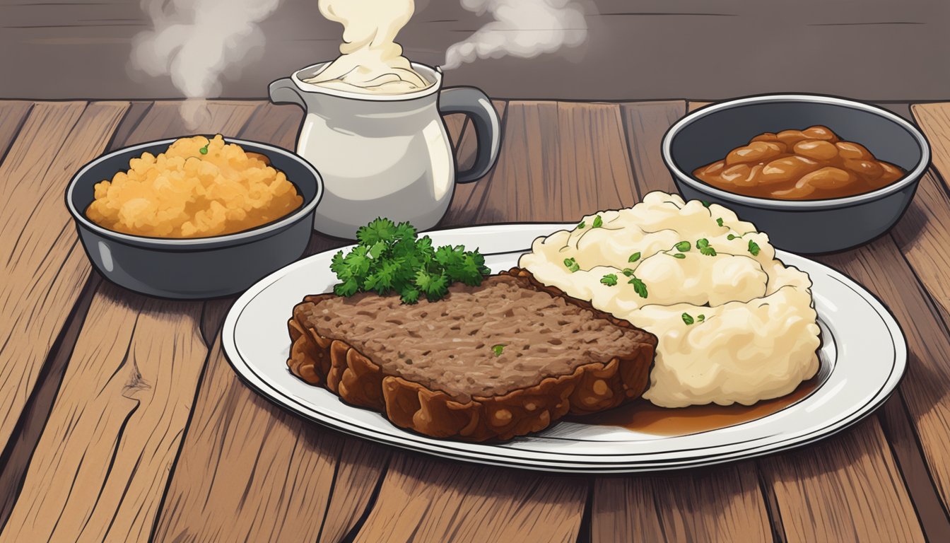 A plate of Boston Market meatloaf with mashed potatoes sits on a rustic wooden table, steam rising from the hot meal