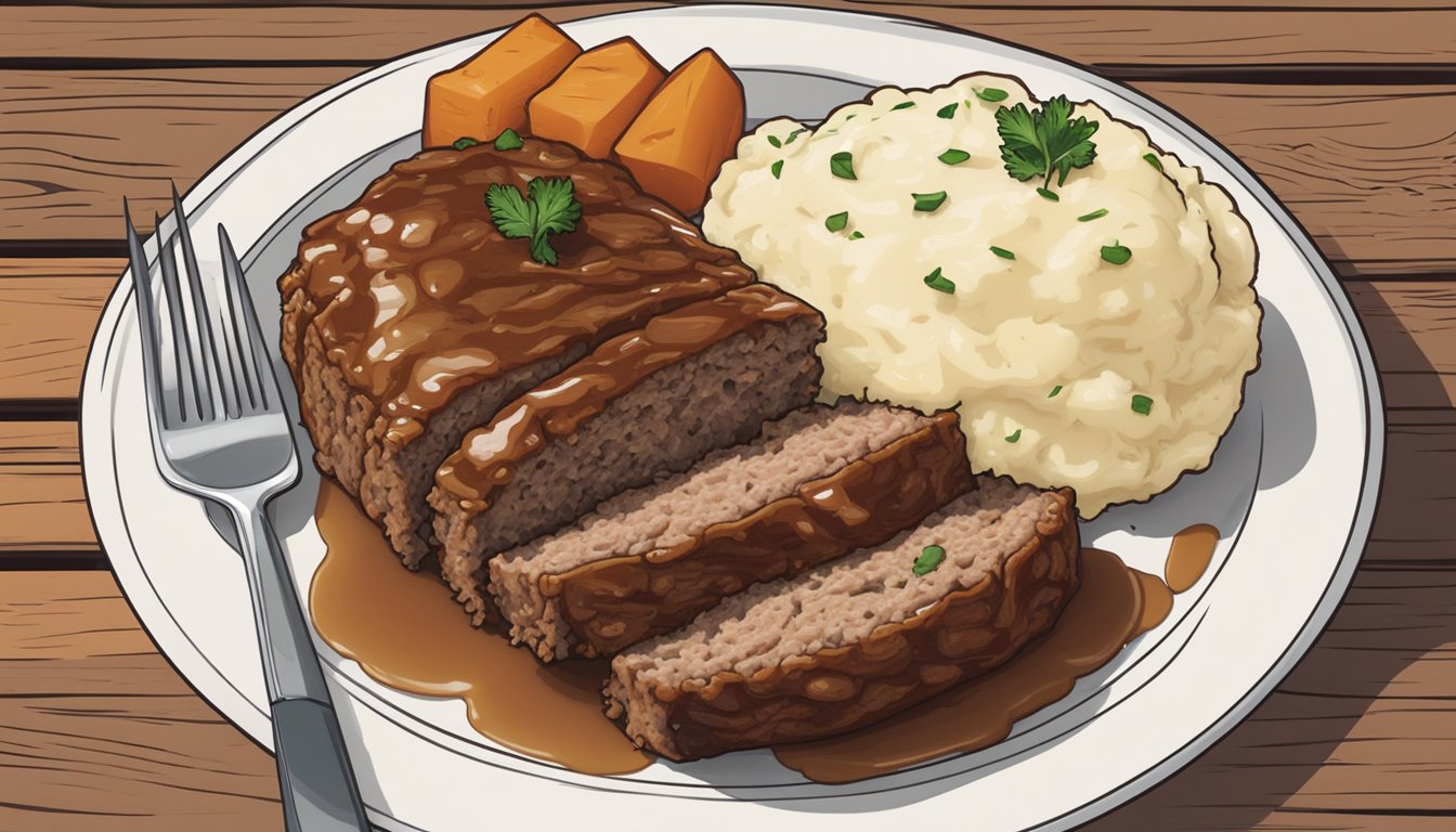 A plate of boston market meatloaf with mashed potatoes, sitting on a wooden table with a fork and knife placed neatly beside it