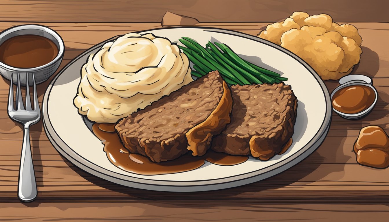 A plate of meatloaf with mashed potatoes, topped with gravy, sits on a rustic wooden table. The creamy potatoes are perfectly swirled next to the hearty slices of meatloaf