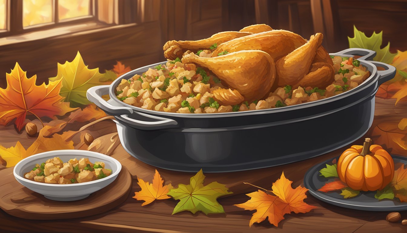 A steaming dish of Boston Market chicken stuffing sits on a rustic wooden table, surrounded by colorful autumn leaves and a warm, inviting glow