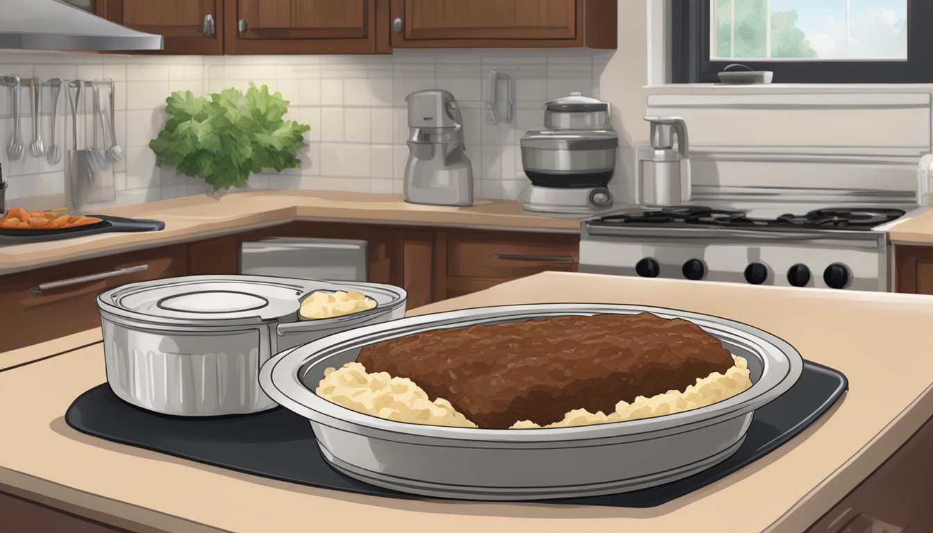 A kitchen counter with a sealed container of Boston Market meatloaf and mashed potatoes, a refrigerator in the background