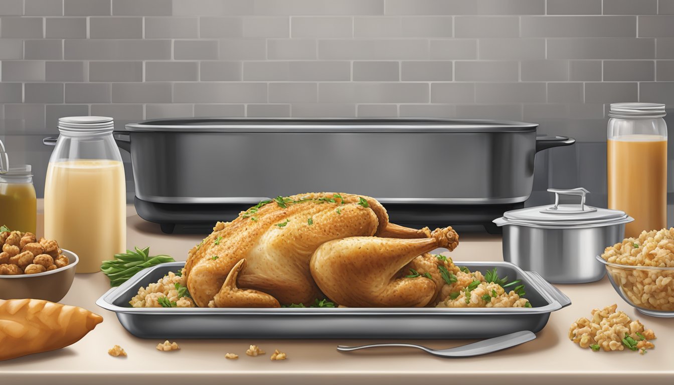 A cooked Boston Market chicken stuffing sits on a kitchen counter, covered and refrigerated