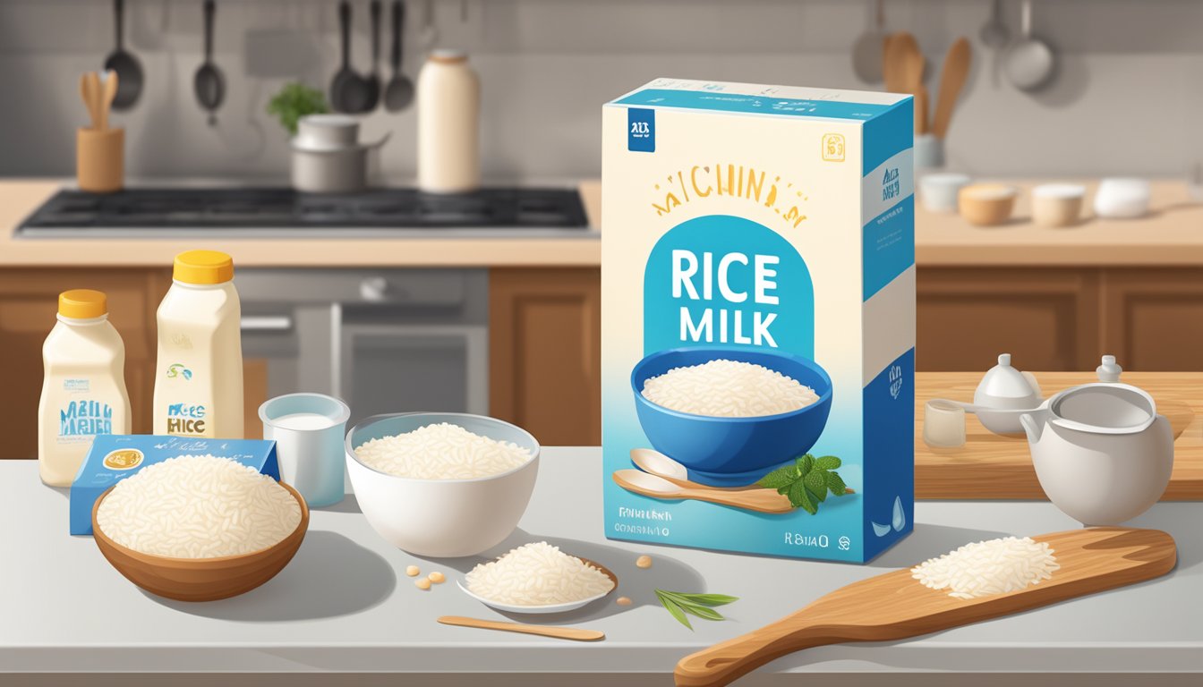 A sealed box of rice milk sits on a kitchen counter, next to a calendar showing the current date. The box is surrounded by various cooking ingredients and utensils