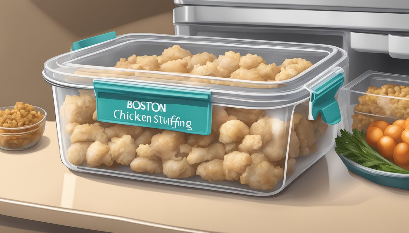 Airtight container with labeled Boston Market chicken stuffing, stored in refrigerator