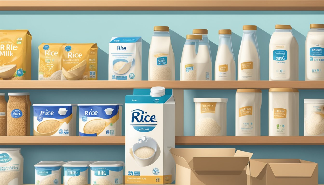 A sealed box of rice milk sits on a clean, organized shelf with other non-perishable items. The expiration date is clearly visible and the packaging is undamaged