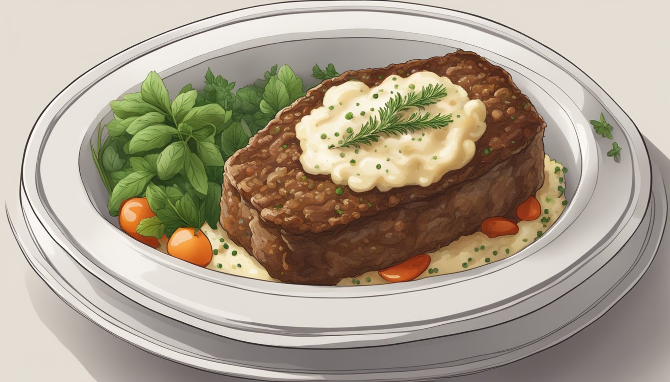 A steaming meatloaf with mashed potatoes in a white ceramic dish, surrounded by fresh herbs and a sprinkle of black pepper