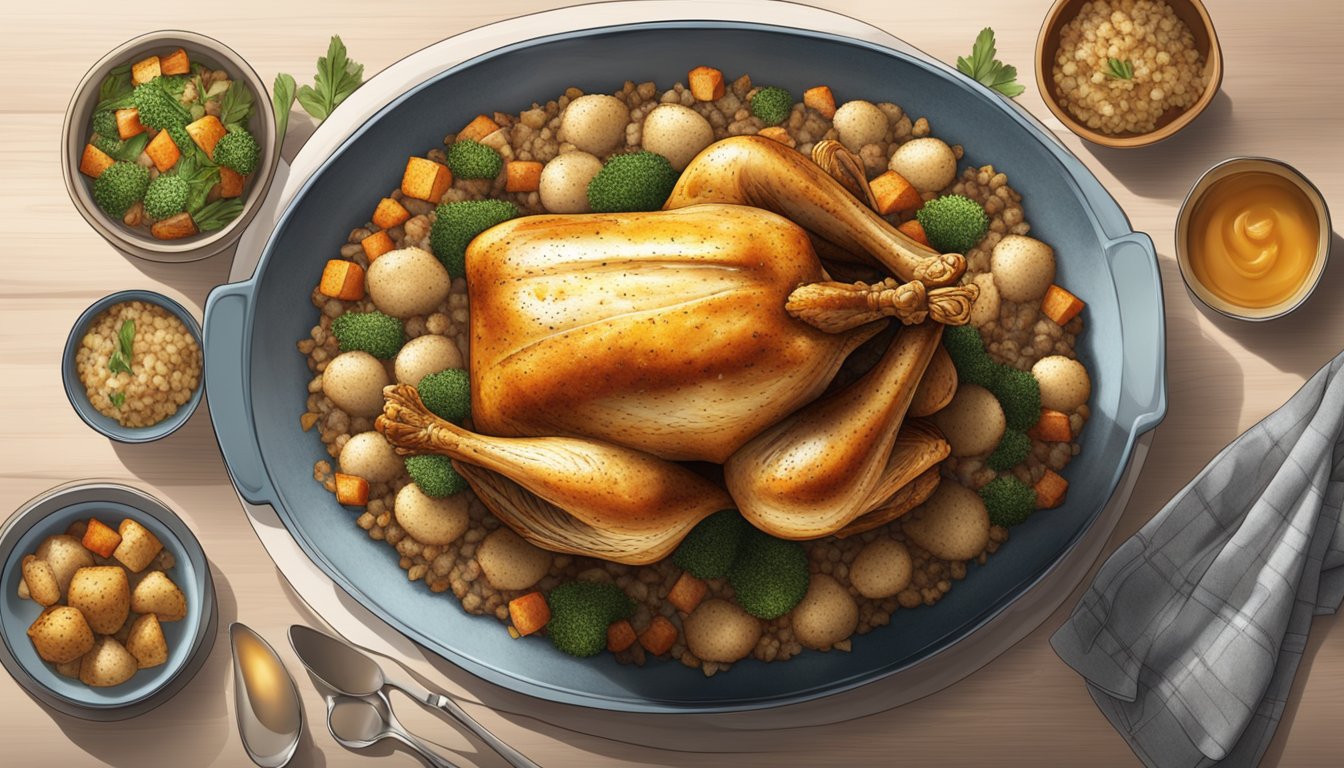 A whole roasted chicken surrounded by a bed of savory stuffing, with steam rising from the dish, indicating its freshness