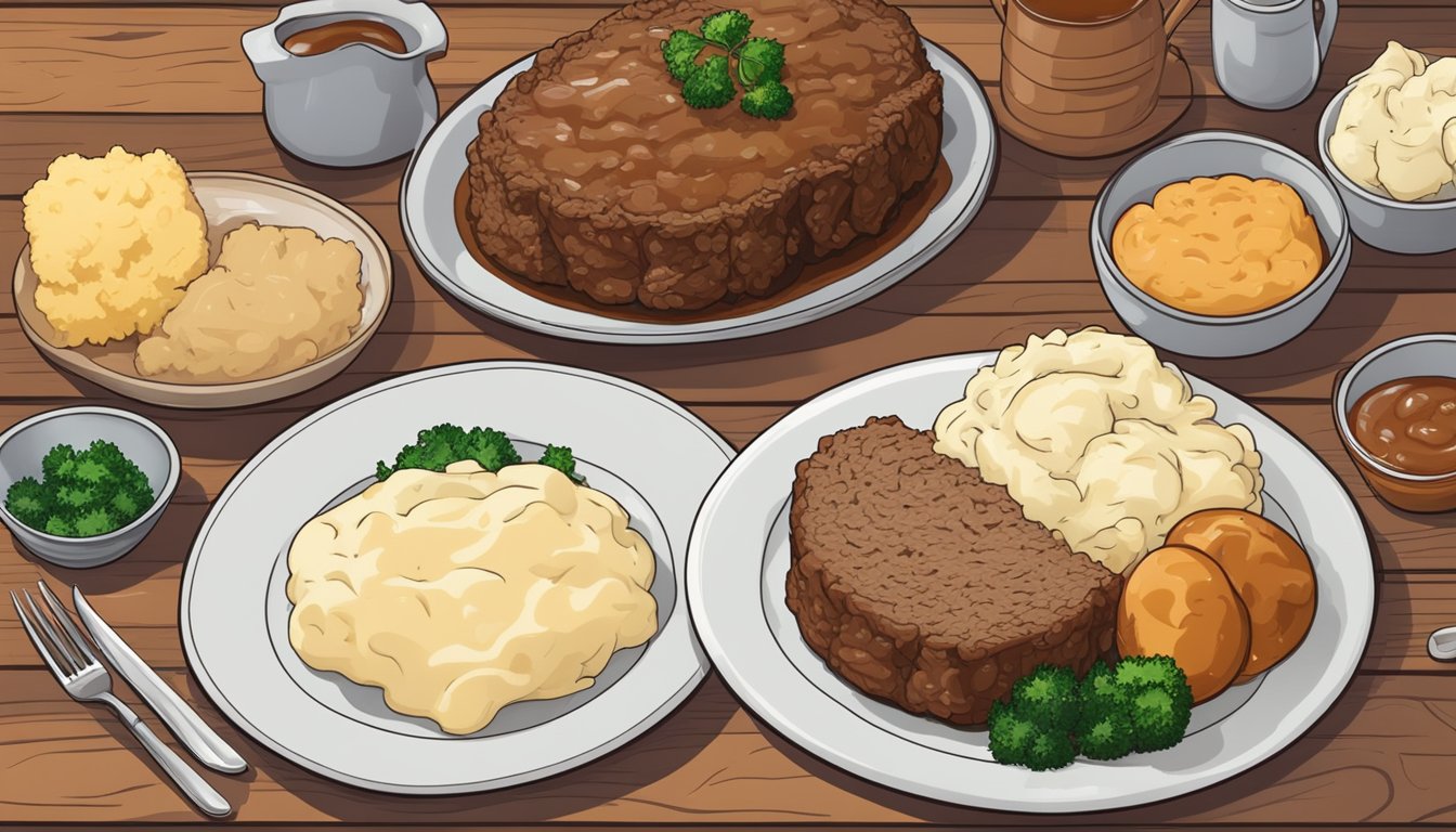 A plate of meatloaf with mashed potatoes sits on a wooden table, surrounded by steaming side dishes and gravy