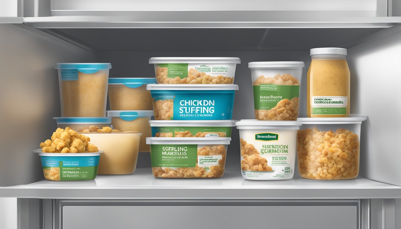 A refrigerator shelf with a sealed container of Boston Market chicken stuffing, alongside labeled storage guidelines and expiration date