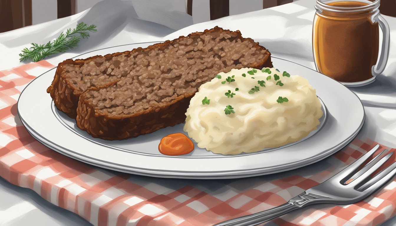 A plate of Boston Market meatloaf with mashed potatoes sits on a clean, white tablecloth, surrounded by a fork and knife