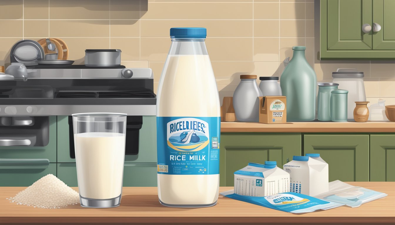 A carton of rice milk sits on a kitchen counter, surrounded by various expiration date labels and a calendar, suggesting considerations of shelf life