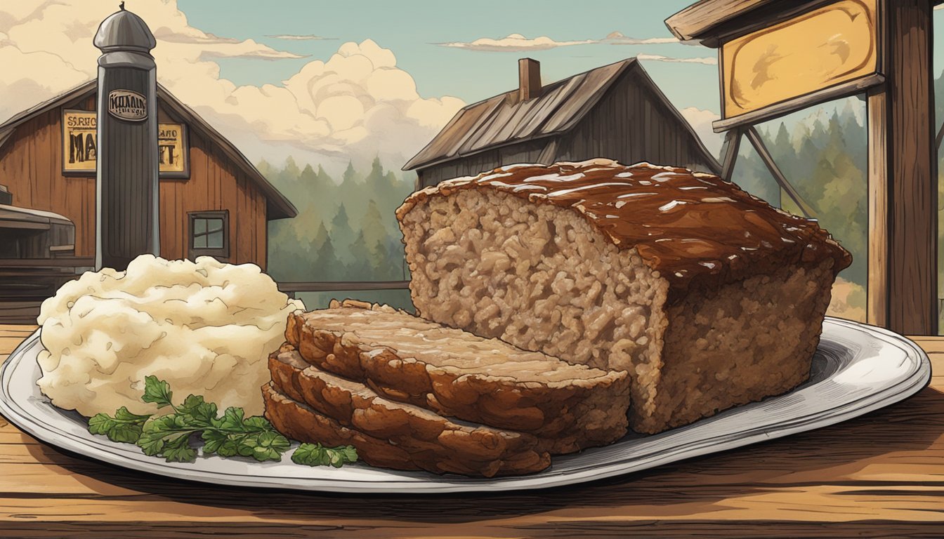 A steaming meatloaf with creamy mashed potatoes on a rustic wooden table, surrounded by vintage Boston Market memorabilia