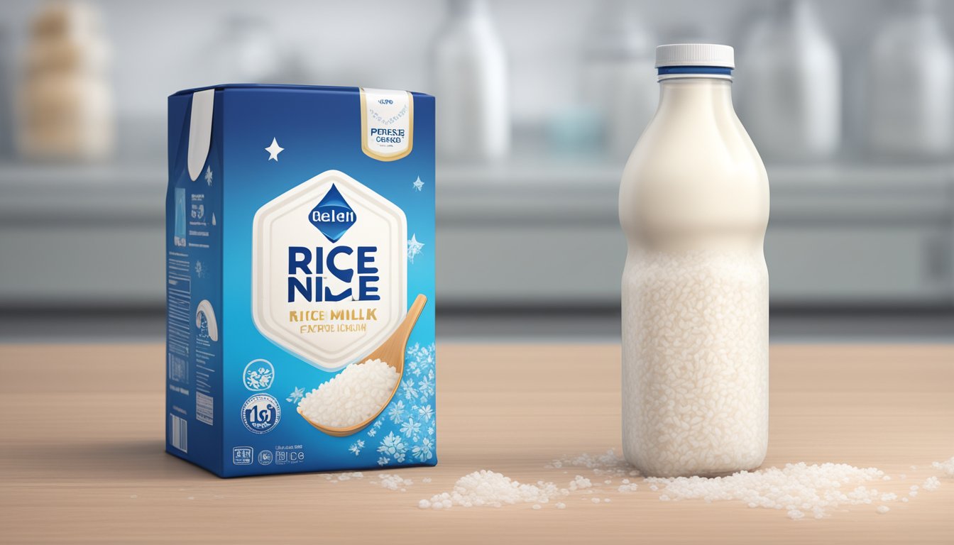 A carton of rice milk sits in the freezer, surrounded by ice crystals. The expiration date is visible on the packaging