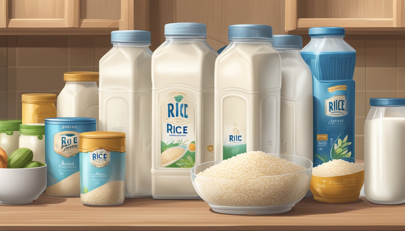 A sealed box of rice milk sits on a kitchen shelf, surrounded by other pantry items. The expiration date is clearly visible on the packaging