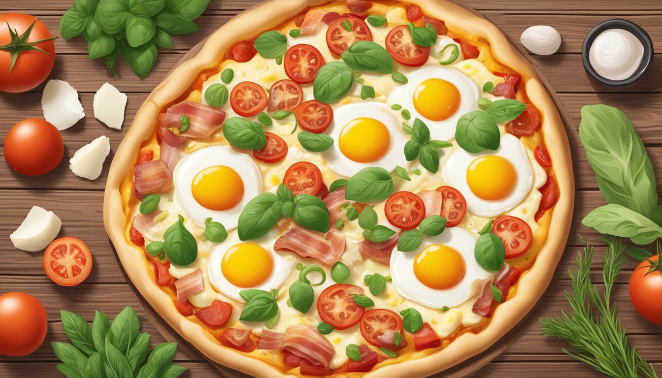 A breakfast pizza with eggs and bacon sits on a rustic wooden table, surrounded by fresh ingredients like tomatoes, herbs, and cheese